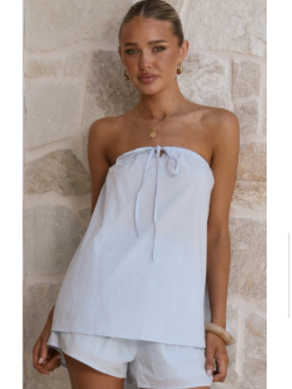 Light Blue Strapless Tie Front Top & shorts